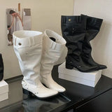 KYLETHOMASW  -  Black Boot Knee High Long Shoes Woman Pointed Toe Chunky Heels White Winter Boots Fashion Belt Buckle Rivet Wide-Leg Ladies Shoe