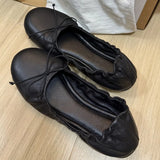 KYLETHOMASW  -  Women's Soft Leather Bow Ballet Flats Ruched Opening Round Toe Slip-on Flat Shoes Comfy Ladies Office Daily Walking Footwear