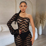 Kylethomasw One Shoulder Flare Sleeve Beach Dress Women Sexy See Through Slim Maxi Dress Elegant Solid Long Dress Holiday Beach Outfit