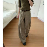 KYLETHOMASW  -  Moda Vintage Plaid All-match Femme Pantalones New Casual Straight Wid Leg Pants Slim Mid-length Trendy Harajuku Elegant Trousers