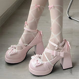 KYLETHOMASW  -  Women Lolita Bow Bow Decor Pumps Platform Chunky High Heels Ankle Strap Sweet Cute Elegant Pumps For Girl Elegant Shoes