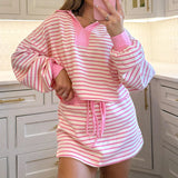 KYLETHOMASW  -  Young Style Striped 2 Piece Outfits Preppy Autumn Long Sleeve Crop Sweatshirt Tops + Mini Skirt Matching Set Women Loungewear