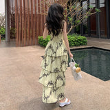 KIylethomasw Retro Cascading Ruffles Flower Print Yellow Cake Midi Dresses 2024 New Summer Ladies Special Design Camisole Clothing Mujer