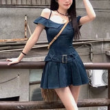 KYLETHOMASW  -  Denim Mini Dresses Ruffles Slash Neck Spring Summer Solid Vintage Y2k Vestidos Mujer Korean Fashion Sexy Women Dress
