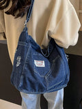 KYLETHOMASW  -  Vintage Faded Blue Slouchy Shoulder Bag For Women, Large Capacity Soft   College Style Fabric Tote Bag With Multiple Pockets