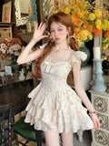KYLETHOMASW  -  2025 Girl Dress Sweet Floral Square Neck Bow Women Korean Version Slimming Style Spliced Fluffy Cute Sweet Dresses