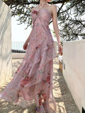 KYLETHOMASW  -  Woman Dress Sexy Elegant Sleeveless Floral Printed Spring Fashion Irregular Ruffles Holiday Hollow Out Backless Dresses