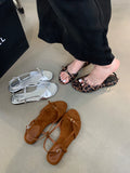 KYLETHOMASW  -  Silver Sandals Women Flats Brown Belt Buckle Ladies Shoes Summer  Flats Sandal Comforts Sandalias De Mujer