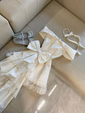 KYLETHOMASW  -  France Elegant Warm Sweet Elegant Slim Off Shoulder Women's Dresses Summer Designer Thin Bow Lace Princess Trailing Dress New