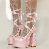 KYLETHOMASW  -  New Women's High Heels Platform Satin Bow Sweet Girl Sandals Summer Round Toe Lace S Lolita Dance Solid Color Party Sandals