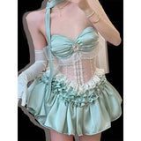 KYLETHOMASW  -  Mint Green Waist Corset Lace Spliced Strapless Dress for Women Summer New Spicy Girl High Waist Slimming Puffy Cake Mini Dress