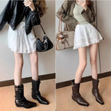 KYLETHOMASW  -  Women Boots Autumn Winter Plush Warm Mid Calf Boots Chelsea Ladies Shoes Fashion Square Toe Metal Buckle Women's Short Boots