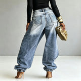 KYLETHOMASW  -  Women Creative Jeans New Arrival Layering Streetwear Denim Pants Solid Color Wide Leg Long Denim Trousers Loose Fit Jeans
