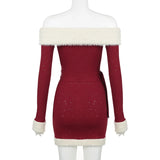 KYLETHOMASW  -  Contrast Color Slash Neck Bodycon Dress with belt Christmas Party Knitted Sequin Dresses Red Korean Style Outfit Winter