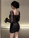 KYLETHOMASW  -  Cocktail Dresses Women Sexy Square Collar Lace Patchwork Puff Sleeve Slim Square Collar Birthday Party Evening Dress