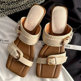 KYLETHOMASW  -  Women's Square Toed Slippers Open Toe Vintage Belt Buckle Sandals Wedges High-heeled Designer Flip-flops