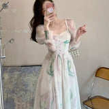 KYLETHOMASW  -  Chiffon Dresses Women Puff Sleeve Spring Summer Print Floral Vestidos Mujer French Style Vintage Sweet Long Dress