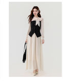 KYLETHOMASW  -  Spring French Elegant Fashion 2 Piece Set Women Bowknot Belted Long Sleeves Top + Slim Long Skirt Casual High-street Outfit 2026