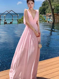 KYLETHOMASW  -  Women Pink Temperament Backless Pleated Vest Dress Summer New Elegant Ladies V-neck Sleeveless High Waist Vestidos Robe
