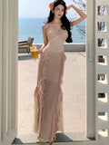KYLETHOMASW  -  Summer French Style Long Dresses for Women Sexy Spaghetti Strap Ruffles Birthday Party Dress Female Holiday Beach Vestidos Robe