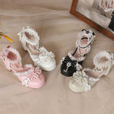 KYLETHOMASW  -  Women Kawaii Ankle Strap Lolita Pumps Round Toe Platform Thick Mid Heel Buckle Bow Bead Cosplay Lady Shoes Spring Autumn