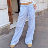 KYLETHOMASW  -  Vintage Y2k Blue Striped Casual Pants Oversized Harajuku Korean Fashion Old Money Baggy Pink Trousers Woman Summer Thin