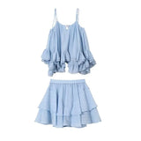 KYLETHOMASW  -  Fresh Blue Irregular Pleated Suspender Dress Women’s 2024 Summer New Fashion Vacation Seaside Party Short Dresses Two-piece Suit