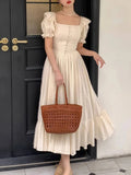 KYLETHOMASW  -  Elegant Women's Square Neck White Dress Summer French Fashion Bubble Sleeves with Ruffle Edge Women Unique Retro Long Dress New