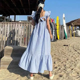 KYLETHOMASW  -  Summer Korean White Long Dress Women Ruffles Sweet Square Neck Backless A-Line Dress New Elegant Casual Women Clothes P739