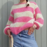 KYLETHOMASW  -  Women Autumn Winter Loose Fit Knitwear Jumpers Vintage Striped Fuzzy Knitted Sweater Casual Boat Neck Long Sleeve Pullover Tops