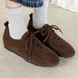 KYLETHOMASW  -  women's natural suede leather round toe lace-up flats oxfords high quality soft comfortable casual female flats shoes