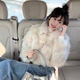 KYLETHOMASW  -  Sweet Hot Girl Horn Button Faux Fur Coat Women's Winter Loose Turn-down Collar Long-sleeved Short Jacket Fashion Female Clothes