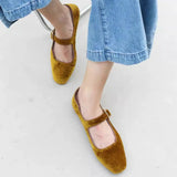 KYLETHOMASW  -  Designer Women Velvet Mary Janes Belt Strap Shoes Ladies Square Toe Flats Ballerina Dress Barefoot Loafers Brides Ballets Femmes