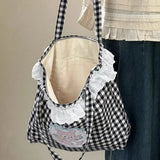 KYLETHOMASW  -  Japanese Patchwork Lace Plaid Women's Handbags High-capacity Kawaii Cartoon Shoulder Bags All Match Shopping Preppy Underarm Bag