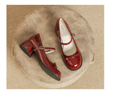 KYLETHOMASW  -  New Designer Round toe bowtie mary janes pumps women thick high heels lolita shoes ankle strap japanned leather talons femmes