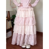 KYLETHOMASW  -  Princess Style Lace Tiered Pink Maxi Skirt Spring Summer Multi-Layer Ruffle A-Line Birthday Party Kawaii Long Skirts for Women