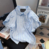 Kylethomasw Harajuku Sweet Blue Plaid Shirts Women Summer Vintage Puff Sleeve Ruffles Blouses Y2k Grunge Single Breasted Blusas Mujer