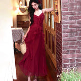 KYLETHOMASW  -  Vintage Red Midi Dress Women Elegant Party Prom Ruffles Spaghetti Strap Dresses Summer Fairy Korean Bodycon Chic Vestidos
