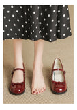 KYLETHOMASW  -  New Designer Round toe bowtie mary janes pumps women thick high heels lolita shoes ankle strap japanned leather talons femmes