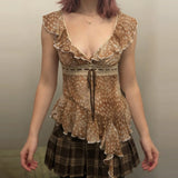 KYLETHOMASW  -  Sexy Flirty Deer Print Ruffled V-Neck T-Shirt with Asymmetrical Hem Women's Top