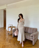 KYLETHOMASW  -  French Vintage Women Beige Elegant Square Neck Fishtail Evening Party Dresses Autumn Long Sleeve Vacation Pleated Wrap Hip Dress