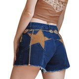 KYLETHOMASW  -  Vintage Women Contrast Five-point Star Patchwork Denim Flared Pants Baggy Dragging Jeans Trousers Chic Elegant Casual Short Pant