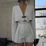 Kylethomasw Designer Women's Striped Set Casual Oversized Blazer Two Pieces Set For Women Pullover Long Sleeve Shirt Tops And Shorts