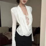 Kylethomasw Korean Lace Splicing See-through White Long-sleeved T-shirt Women Spring New Streetwear Pleated Sexy Slim All Match Tops