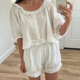 KYLETHOMASW  -  Kawaii 2 Piece Lounge Set Y2K Vintage Plaid Button Up Ruffles T-shirt Tops + Lantern Shorts 00s Retro Comfy Sleepwear Pajams
