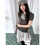 KYLETHOMASW  -  American Retro Daily Mixed Wear College Style Short Sleeved Top Casual Waist Cinched Pleated Half Skirts Autumn Y2k Vintage 2pcs