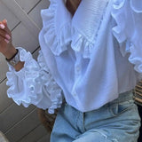 KYLETHOMASW  -  Women Shirts Pure Cotton White Blouse For Women 2025 Early Spring New Court Lantern Sleeves  Casual Doll Collar Shirt