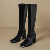 KYLETHOMASW  -  Thick Heel Women Knee High Boots Fashion Silvery Square Toe Autumn Winter Ladies Elegant Mordern Knight Long Booties