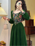 Kylethomasw Vintage France Green Velvet Floral Dress for Women Chic Auricular A-line Party Prom Robe Winter Spring Harajuku Clothes