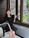 KYLETHOMASW  -  Socialite High end Black Two Piece Set Women Outfits Summer Short Slim Lace Bubble Sleeve Top High Waist Pleated Skir